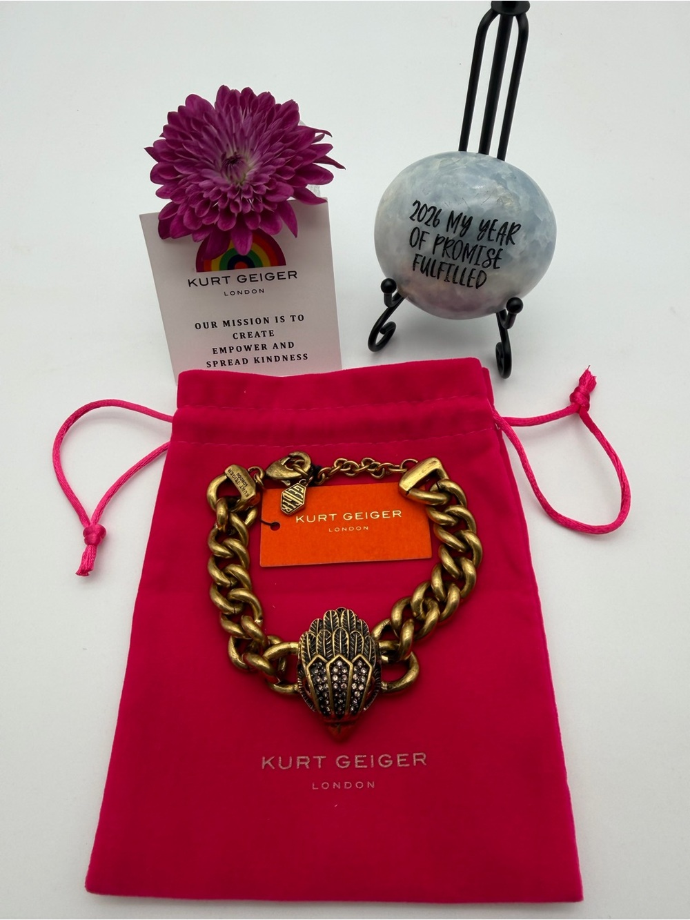 Kurt Geiger Gold Chunky Chain Bracelet with Hamsa Charm - Hot Pink Pouch